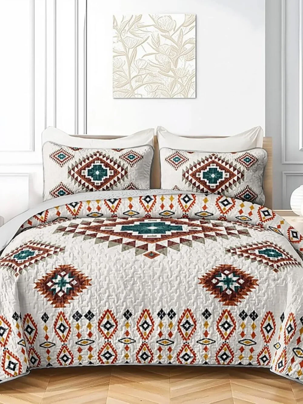 Aztec Geometric Tribal King Quilted Bedding Set, 3-Piece Southwestern Bedspread